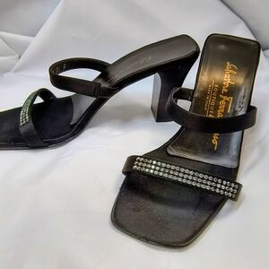 FERRAGAMO - Salvatore Ferragamo Satin & Crystal-Embellished Block Heel Sandals